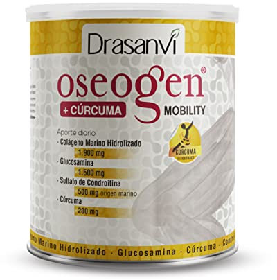 Drasanvi OSEOGEN Colágeno Marino Hidrolizado con Glucosamina, Condroitina y Cúrcuma para huesos, cartilagos y articulaciones, Con minerales esenciales, Fácil asimilación, 300 g polvo, Sabor Naranja
