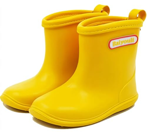 BAIYOU Baby Rubber Rain Kids Waterproof Wellington Wellies Boots, Yellow, 4.5 UK Child