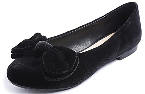 Feversole Dam rund tå söt rosett trim balettplattor, dekorerad rund tå ballerinor dam söt svart sammetrosett 36 EU