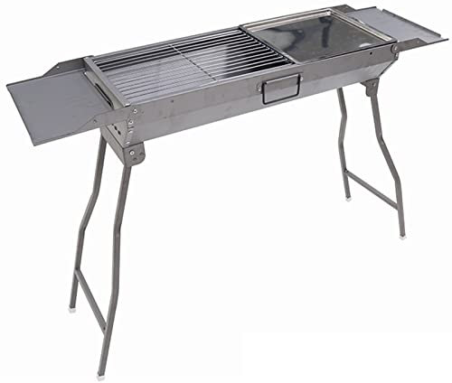 Barbecue Charcoal Grill Rustproof Folding Portable BBQ Tool with Foldable Spice Plate/griddle for Cooking Camping Hiking Picnics Tailgating Backpacking or Any Outdoor Event,Silver,72×29×75cm