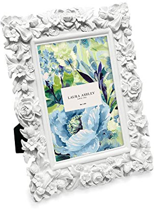 Laura Ashley 5x7 White Floral Textured Hand-Crafted Resin Picture Frame with Easel, for Tabletop & Wall Display, Decorative Floral Design Home D cor, Photo Gallery, Art & More (5x7, White)