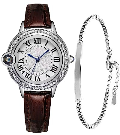 CIVO Armbanduhr Damen Set Leder Analog Damen Uhr Wasserdicht Uhr und Armband Set Damen Klassisch Damenuhr Elegante Quarz Minimalistische Geschenkset fur Frauen