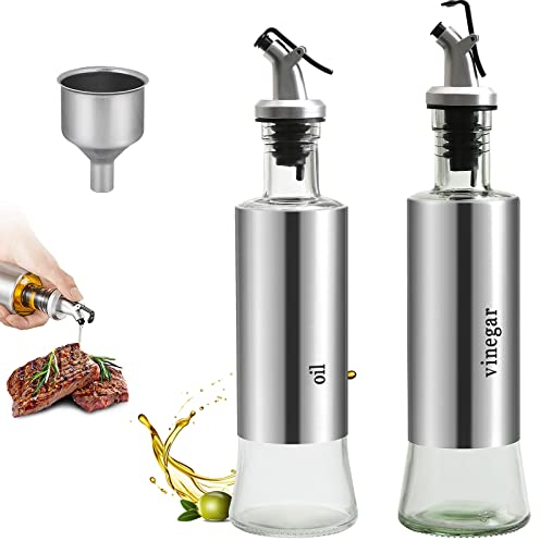 GiReich 2 Stück 300ml Edelstahl Sichtbare Cruet Essig Öl Dispenser Flasche mit Hebel Release Ausgießer für Öl Essig, Staub- und auslaufsicher Küchengerät für Kochen Grillen Salate Backen