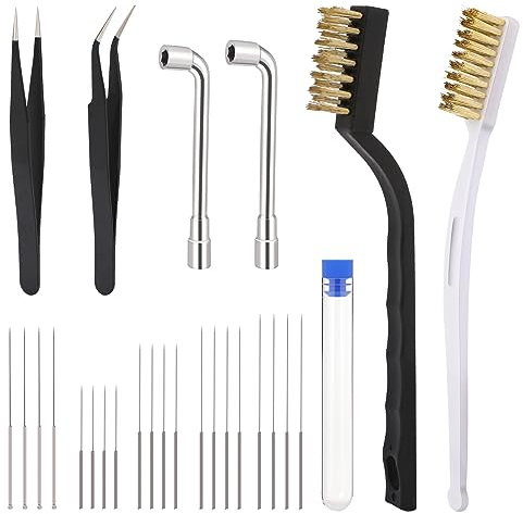 26 Stück 3D Drucker Düsen-Reinigungsset 3D Drucker Zubehör 3D Drucker Düsen-Reinigungsnadeln Kit Drahtbürste aus Messing 3D-Drucker-L-förmiger Schraubenschlüssel mit Pinzette