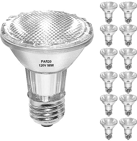 Jaenmsa 50W Par20 Halogen Flood Light Bulb 120V, 12 Pack Par20 Flood 50W 120V Halogen Bulb Warm White 2700K, Dimmable Reflector Par20/FL25 Bulb with E26 Base for Track Lighting, Recessed Can