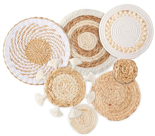 7 Pack Boho Wall Basket Decor - Seagrass Rattan Wicker Wall Decor Round Handmade Hanging Rustic Flat Elegant Wall Art for Farmhouse Living Rooms Bedrooms Display Table Settings Kitchen Home