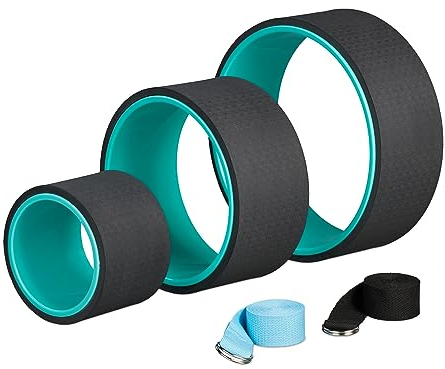 Relaxdays Yogarad 3er Set, Ø: 33, 26,5, 17 cm, mit 2 Yogagurten, Yogaringe für Stretching, Kunststoff, türkis/schwarz