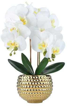 Hisow Grandi orchidee artificiali, 43 cm, orchidee finte bianche con vaso d'oro, per decorazione del soggiorno, pianta di orchidea sintetica bianca per bagno, cucina, casa, interni, hotel (grande oro)