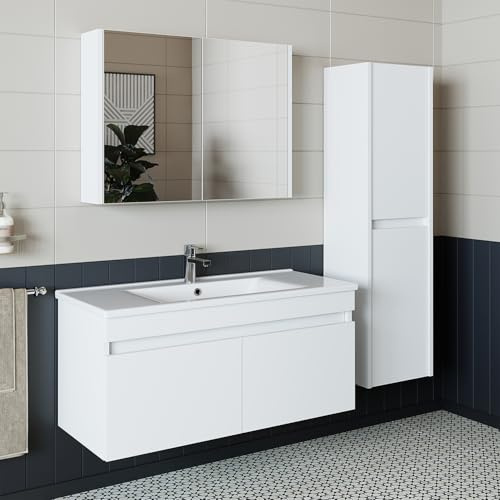 ROOMART • Juego de muebles de baño • Atria • 65 cm, 85 cm, 100 cm • Blanco • Lavabo con armario bajo • Armario con espejo • Armario alto (juego completo, 100 cm)