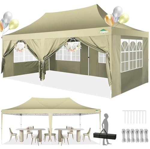 COBIZI Tonnelle Pliante 3x6m avec 6 Parois Imperméable, Barnum Pliant 3x6 Professionnel Protection UV, Tonnelle de Jardin Exterieur pour Fête Plage Terrasse Camping Tente (3 par 6m Kaki)