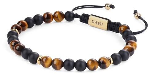 GAVU Bracciale da Uomo in Occhio di Tigre e Onice Opaco, Bracciale Regolabile da Uomo con Perline di Pietre Naturali M-17cm