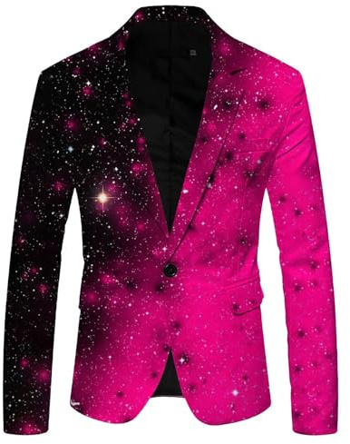 Foweknow Giacca glitterata da uomo, con stampa 3D, con paillette, blazer da uomo, per smoking, per feste a tema, discoteca, rosa intenso, M