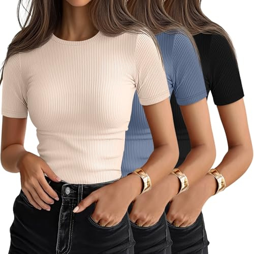 Ficerd 3 Pack Women's Ribbed T-Shirts, Cotton Short Sleeve Basic Tees Crewneck Fitted Tops Casual Shirts 2026 Summer Trendy(Black, Denim Blue, Beige,Medium)