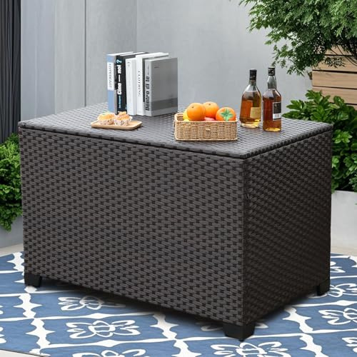 Lviden 140 Gallon Outdoor Storage Box Wicker Patio Storage Bin with Waterproof Lining Bag Deck Box and Cushion Storage Bin Outdoor, Brown
