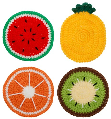 4 stycken virkade underlägg, 4 stilar virkade fruktunderlägg, handgjorda koppunderlägg med vattenmelon kiwi orange ananas, kaffebordsdekoration, bordsskyddstillbehör för hem och kontor