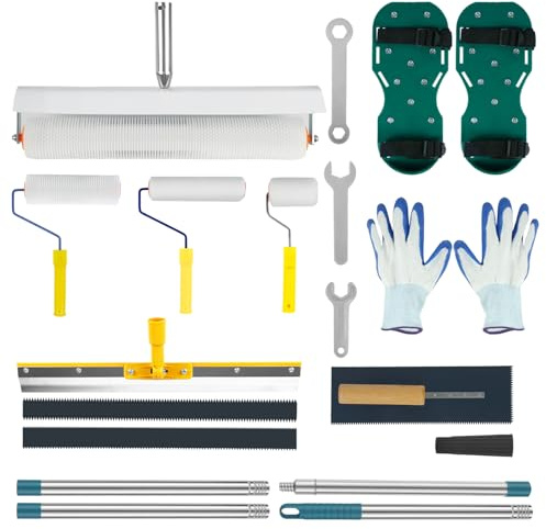 Kit de Herramientas de Autonivelación de Cemento, Kit con Rodillo de Púas, Rodillo Pintura, Zapatos con Pinchos para Cesped, Rascador de Acero Inoxidable, Palo Telescopico, Paleta, Guantes