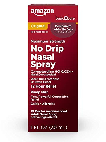 Amazon Basics No Drip Nasal Spray, 12 Hour Nasal Decongestant, Pump Mist, Oxymetazoline HCl, Cold and Allergy Nasal Spray, 1 fl oz (Pack of 1) (Previously Amazon Basic Care)