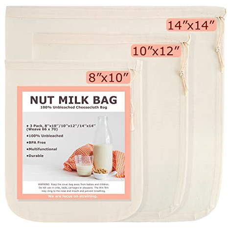 Nut Milk Bags, All Natural Cheesecloth Bags, 8x10, 10''x12, 14''x14'', 3 Pack, 100% Unbleached Cotton Cloth Bags for Yogurt/Juice/Herbs, Washable Reusable Almond Milk Strainer(Weave 66x70)
