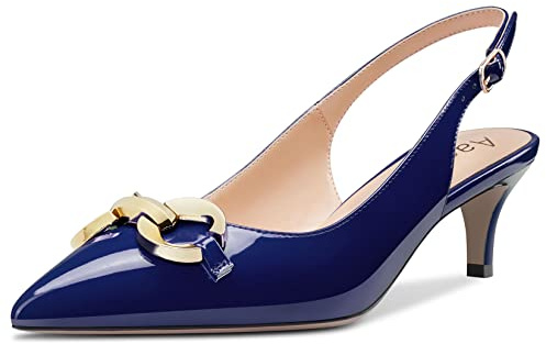 Aachcol Femmes Aiguille Mi Bas Kitten Talon Heel Escarpins Sangle arrière Lanières Cheville Slingback Pointu Bout Dress Chaussures Bureau Party Mariage Vernis Bleu Marine 5 CM 40 EU