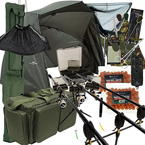 DNA Leisure Karpfenangeln Setup 3 Stück 3,6 m 2/3 Ruten & Rollen Bissanzeiger Netz Pod Tragetasche Rutentasche Brolly & Tackle Komplettset (3 Ruten-Setup)