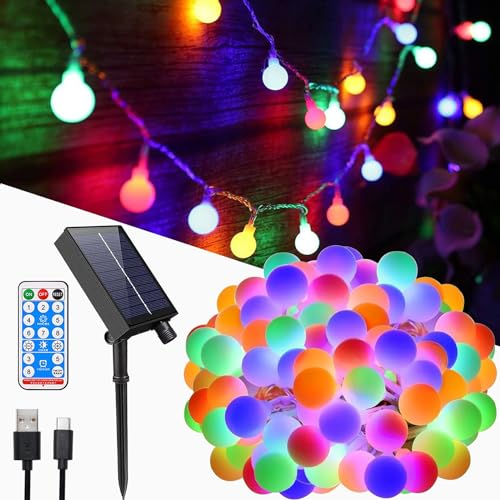MOLVCE Solar Lichterkette Aussen Kugeln 5m 50LED, Solar Lichterkette mit Fernbedienung, 8 Modi, Timer, USB-betrieben, Dimmbar Solarlichterkette Wetterfest für Balkon Hochzeit Weihnachten, Bunt