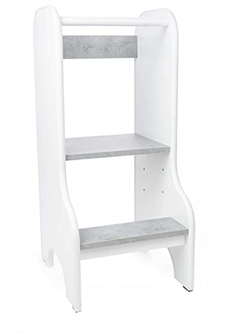 Lernturm Für Kinder Baby | Küchenhelfer Höhenverstellbar | Montessori Learning Tower | Kitchen Helper ab 1 Jahr aus naturholz | Farbe: Weiß/Beton Chicago