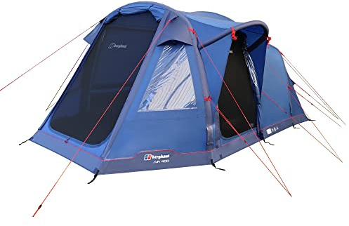 Berghaus Air 400 Nightfall 4 Man Tent with Darkened Bedroom, Separate Living Area & Sewn In Groundsheet, 4 People, Inflatable, Easy to Pitch, Tunnel, Family Camping, Festivals, 6000mm HH, Blue