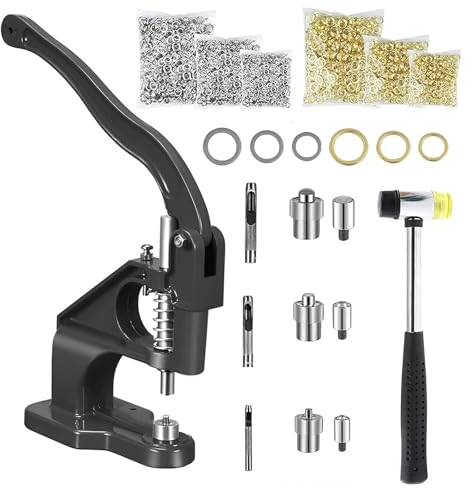 Top-spring Ösenpresse mit 3 Stanzformen (6/10/12 mm) und 1500 Ösen für Druckknöpfe - Handpresse Ösenmaschine Ösenzange Set für Stoffe Leder, Planen und Platte - mit Ösen und Hammermatrizen (Schwarz)