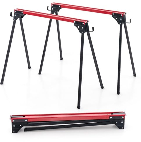 Goplus Saw Horses 2 Pack, 2200 LBS Heavy-Duty Folding Work Horse w/ 2x4 Brackets, Robust Metal Sawhorses w/ Fast Release Legs, Portable & Lightweight Work Bench for DIY, Woodworking Projects