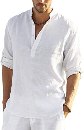 COOFANDY skjorta herr långärmad linneskjorta bomull Henley-skjorta casual normal passform sommarskjorta