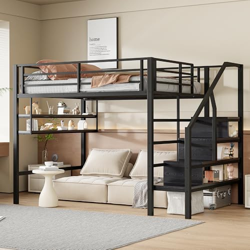 Zravenna Cama alta de metal de 140 x 200 cm, espacio bajo la cama, litera alta con estantes, escalera de almacenamiento, habitación para adultos y adolescentes, sin colchón (negro, B)
