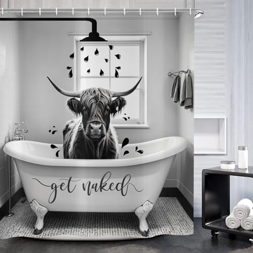 ASDCXZ Funny Cow Shower Curtain 180x200 cm, Rustic Grey Highland Cow Washing Vintage Farmhouse Wild Animal Waterproof Bath Curtain Polyester Textile Washable Shower Curtains for Bathtub with 12 Hooks