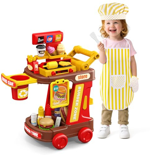 Kids Kitchen Playset - Pretend Play Restaurant Food Set for Toddlers with Cart, Grill and Apron Play Kitchen Toys Accessories with Lights and Sounds Christmas Birthday Gift for Kids Girls Boys Ages 3+
