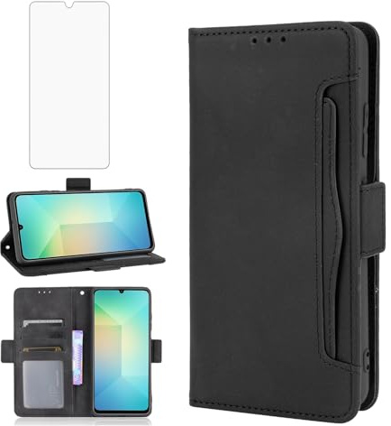 Asuwish Mobiltelefonfodral för Samsung Galaxy A06 5G fodral med glasfolie skyddsfolie kortfack vikbart läder plånbok stativ A 06 4G AO6 64 GB SM-A065F A065F/DS fodral skyddsfodral telefonfodral svart