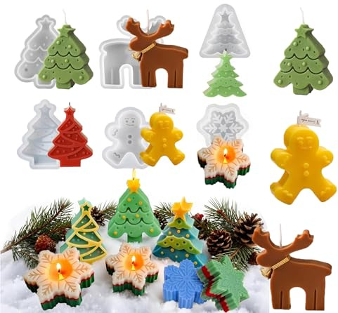 6 moldes de silicona para Navidad,moldes manualidades,molde de silicona para Navidad,alce muñeco de nieve,Hombre de jengibre,Copos de nieve,árbol de Navidad,molde para hacer velas