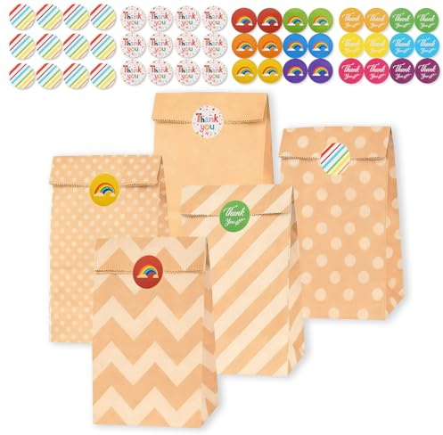 25 Pcs Sac en Papier Marron,Sac Cadeau avec 48 Autocollants,24x13x8cm | Papier épais, motifs rétro & autocollants inclus, pour bonbons, fêtes, mariage & Noël, réutilisable, pliable, facile à ranger