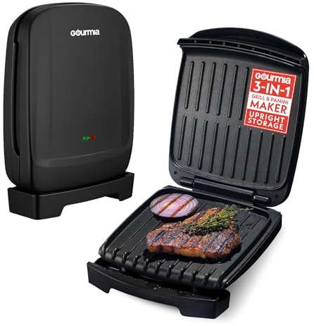 Gourmia Indoor Grill & Panini Maker – 4 Serving Contact or Open Grill, Nonstick Ceramic, Preheat Indicator Light, Slope Design with Removable Dishwasher Safe Drip Tray