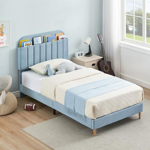 Lit enfant 1 personne 90x190cm,Sommier en bois avec rangement,Lit Simple enfant avec plusieurs pieds,Tête rembourrée,Lit banquette 1 place montessori pour chambre enfant,Garçon/Fille(Bleu)