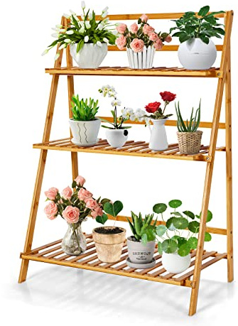 COSTWAY Bamboo Plant Stand, Foldable Multifunctional Flower Display Ladder Shelf, 3-Tier Storage Rack