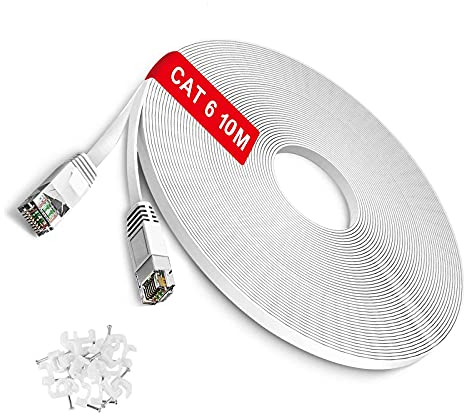 TBMax 10m - Ethernet Kabel Cat 6 Flach Lan Kabel RJ45 10/100/1000Mbit/s Gigabit Netzwerkkabel - Internetkabel - Patchkabel kompatibel zu CAT 5 CAT 7, fur Switch Modem Router PS5 Xbox, Weiß