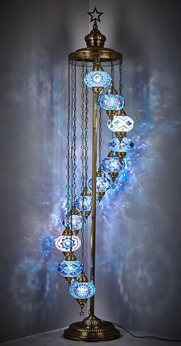 DEMMEX Lámpara de Pie de Mosaico Turco Marroquí con 11 Esferas, Altura 210 cm, Estilo Tiffany Boho Decorativa con Esferas de Colores, Hecha a Mano en Turquía