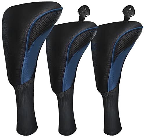 Golf Club Covers for Driver Fairway 3 Pcs Woods Golf Club Head Covers Hybrid Golf Headcovers Set Long Neck Golf Club Head Cover with Interchangeable Tags 3 4 5 6 7 X Golf Accessories for Men Women