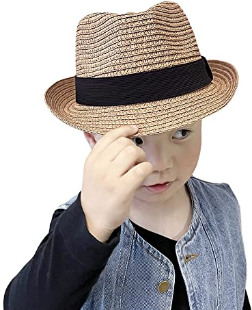 Straw Fedora Sun Hat for Kids Roll Up Short Brim Trilby Hat Panama Beach Hat (Khaki)