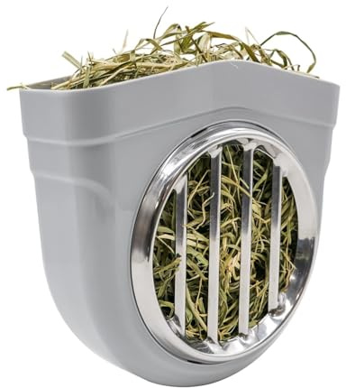 Small Animal Hay Feeder, Chew-Proof ABS Body 304 Stainless Steel Grid Timothy Alfalfa Rack for Rabbit Bunny Guinea Pig Chinchilla Cage Hutch Crate (Gray)