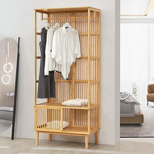 [en.casa] Garderobenständer Vemb mit Kleiderstange und Ablagefach 185x80x45cm Kleiderständer aus Bambus Standgarderobe