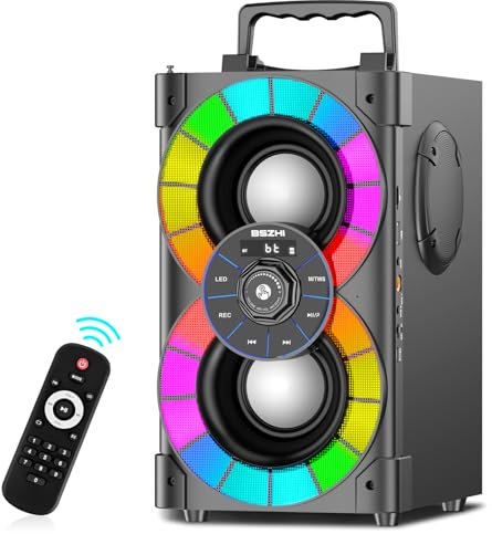 BSZHI Altavoces Bluetooth portátiles 80 W, Sonido estéreo inalámbrico Potente, Boombox, Altavoz TWS para Fiesta en casa, para Exteriores, con subwoofer, Radio FM, Luces LED, Control Remoto
