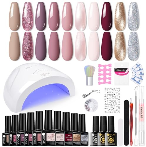 UR SUGAR UV Nagellack Set mit UV Lampe 48W, Gel Nagellacks Nagellack Starterset mit Base und Top Matte Coat Nudefarben Rose Gellack Nägel Nagelstudio Set 32PCS