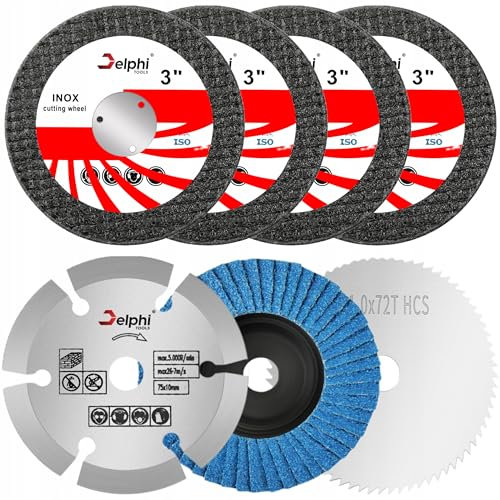 DELPHI Juego de 7 discos abrasivos de 75 mm x 10 mm de diámetro – discos de corte de dientes – para corte de metal, madera, hormigón para amoladora angular
