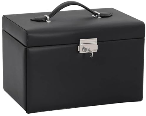 vidaXL Schmuckkästchen 3-Schichten mit Spiegel Abschließbar Schwarz, Schmuckkasten, Schmuckkoffer, Schmucktruhe, Schmuckbox, Schmuckorganizer