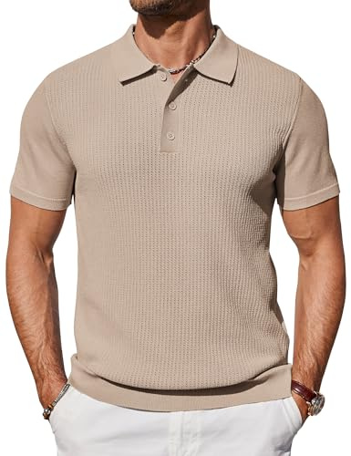 COOFANDY Polo de punto para hombre, manga corta, de verano, corte regular, camisa informal de golf, caqui, L